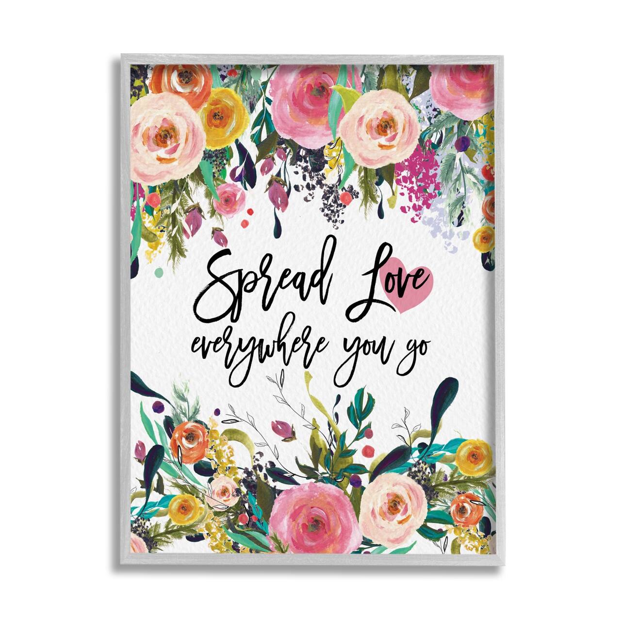 Stupell Industries Spread Love Phrase Pink Floral Blooms Calligraphy Framed Giclee Art